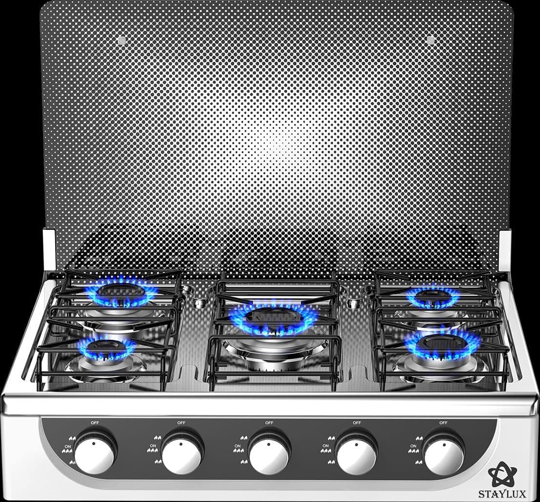 Piano Cottura Campeggio a Gas 5 Fuochi STAYLUX Coperchio in vetro FORNELLONE-V