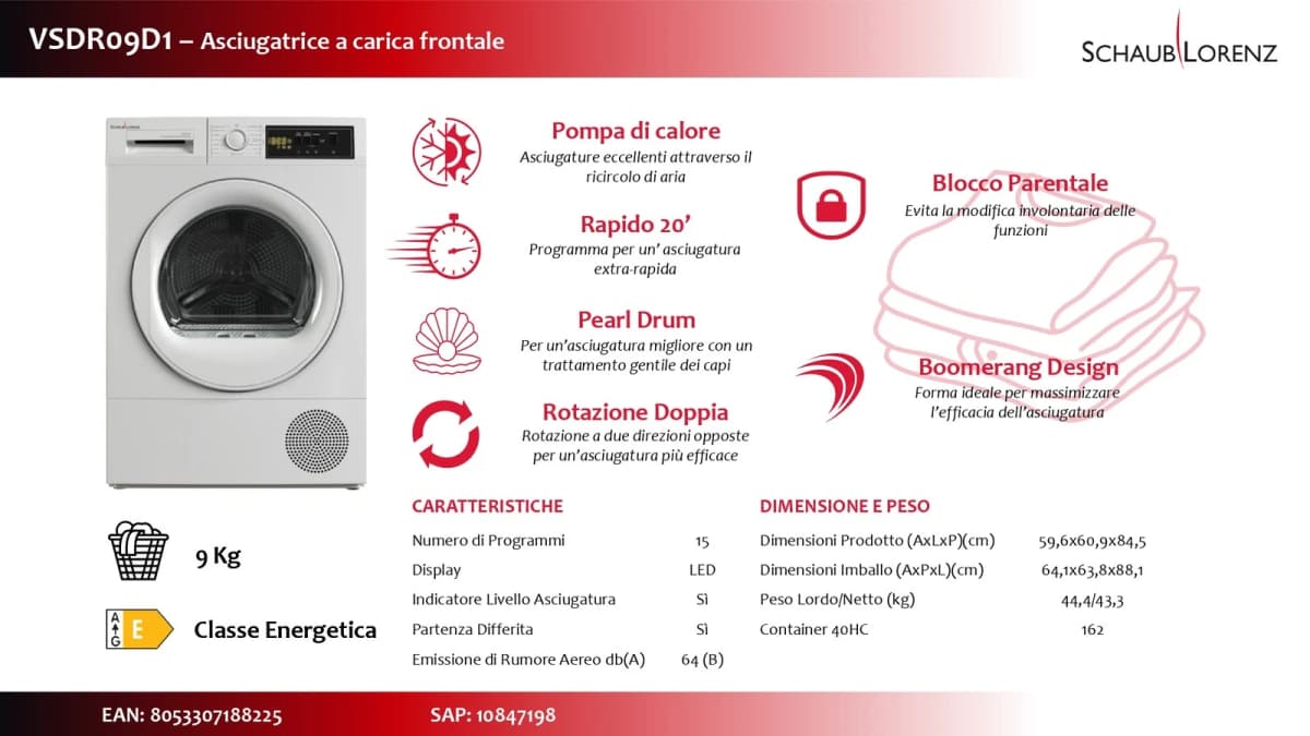 Asciugatrice SCHAUB LORENZ 9 Kg Classe E Pompa di calore VSDR09D1 - 2